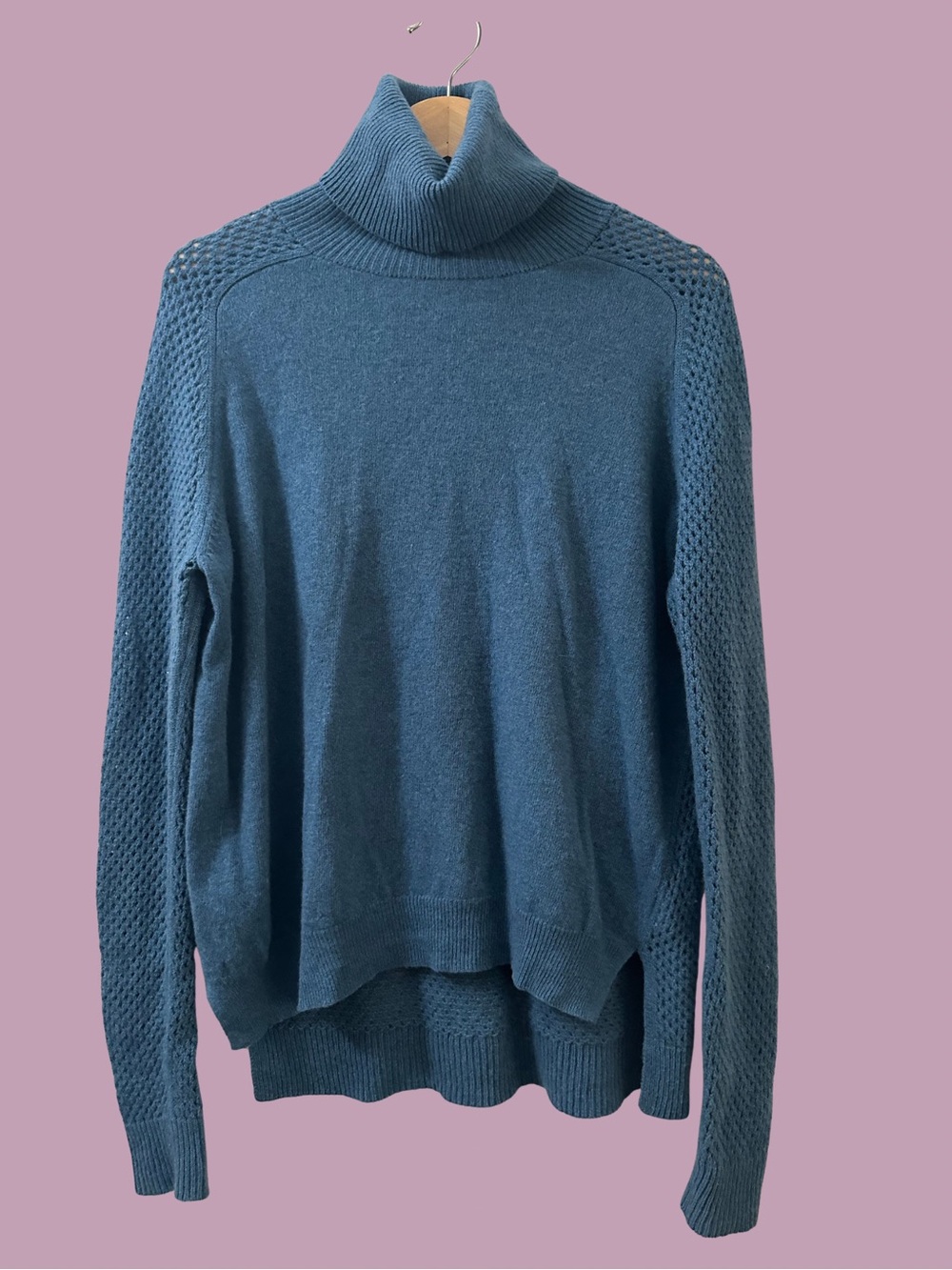THEORY Semi-Sheer Open Knit Teal Wool Turtleneck $98 SIZE SMALL 2 Relaxed Smooth